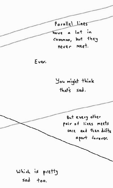 Parallel lines have a lot in common, but they never meet. You might think that's sad. But every other pair of lines meets once and then drifts apart forever. Which is pretty sad too.