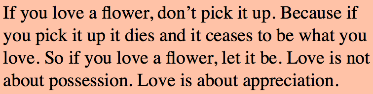 If you love a flower, don't pick it up. Because if you pick it up, it dies and it ceases to be what you love. So if you love a flower, let it be. Love is not about possession. Love is about appreciation.